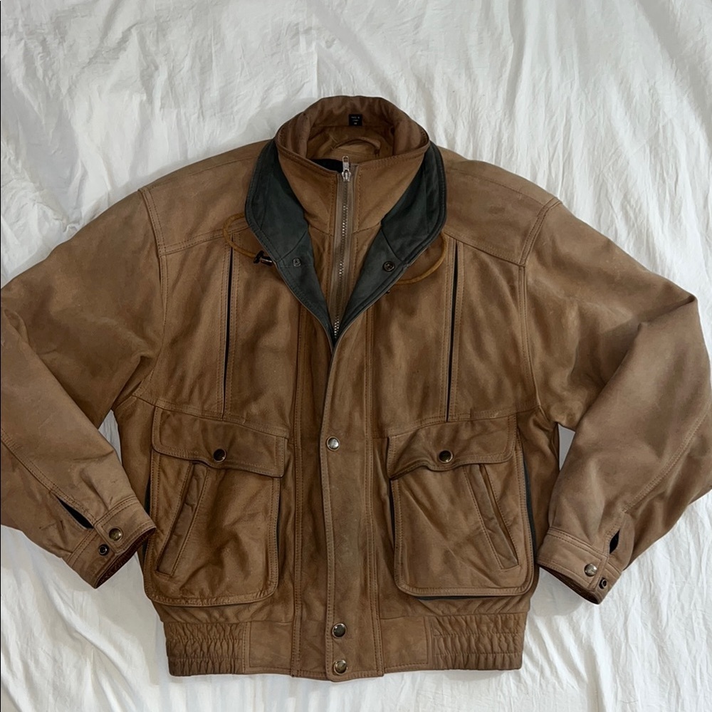 Tan Suede Military Field Jacket with Green Collar & Quilted Lining